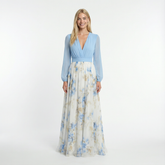 Blue White Gold Floral Maxi Dress Relaxed Fit, Round Neck, Summer Casual