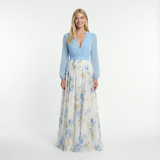 Blue White Gold Floral Maxi Dress Relaxed Fit, Round Neck, Summer Casual