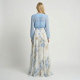 Blue White Gold Floral Maxi Dress Relaxed Fit, Round Neck, Summer Casual