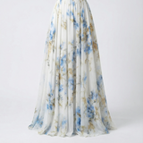 Blue White Gold Floral Maxi Dress Relaxed Fit, Round Neck, Summer Casual