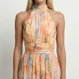 Watercolour Halter Maxi Dress Relaxed Fit, Open Back, Summer Holiday