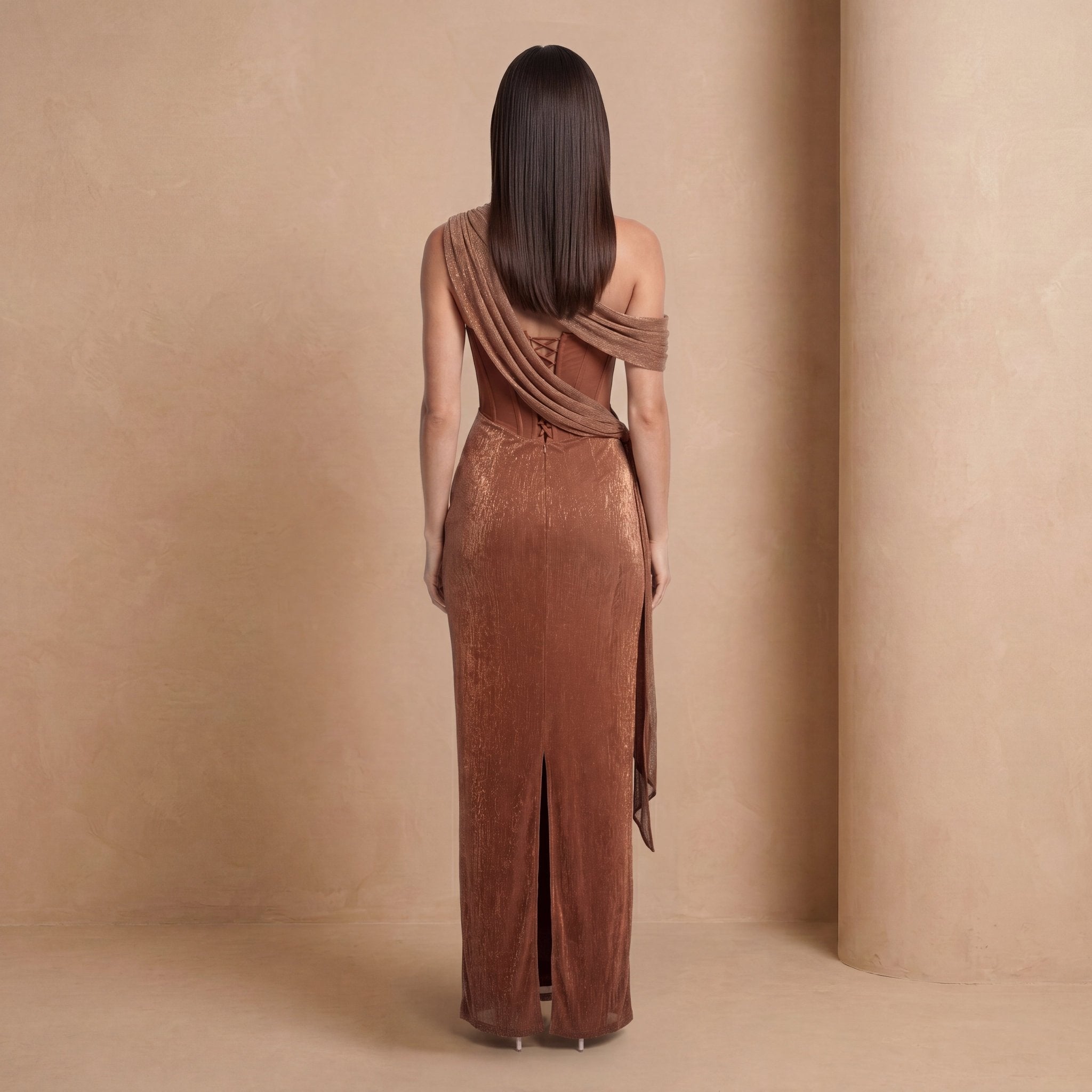 Bronze Shimmer One-Shoulder Corset Maxi Dress - Jack & Ivy