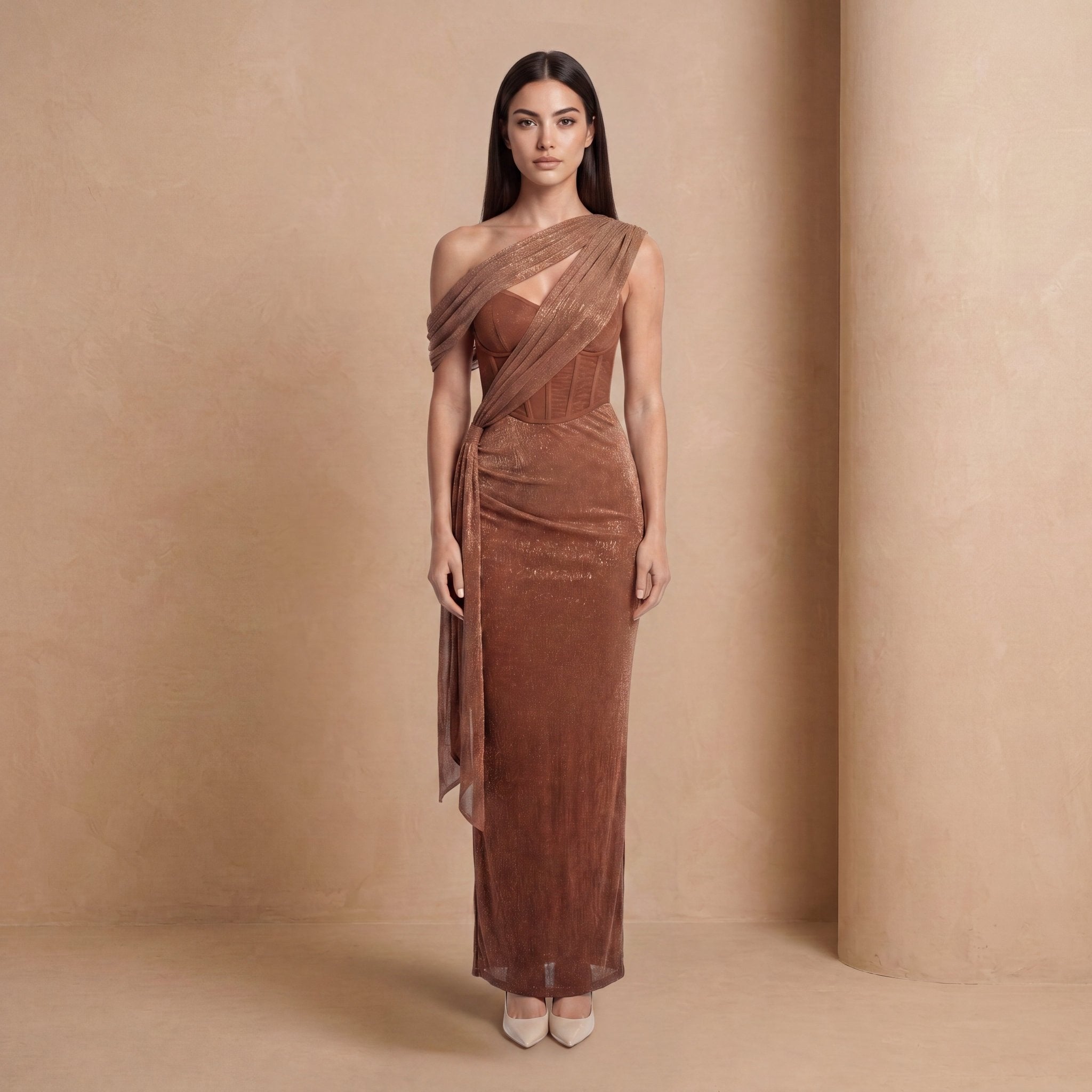 Bronze Shimmer One-Shoulder Corset Maxi Dress - Jack & Ivy