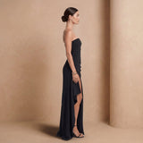 Navy Strapless Ruched Maxi Dress with Side Slit - Jack & Ivy