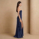Navy Strapless Ruched Maxi Dress with Side Slit - Jack & Ivy