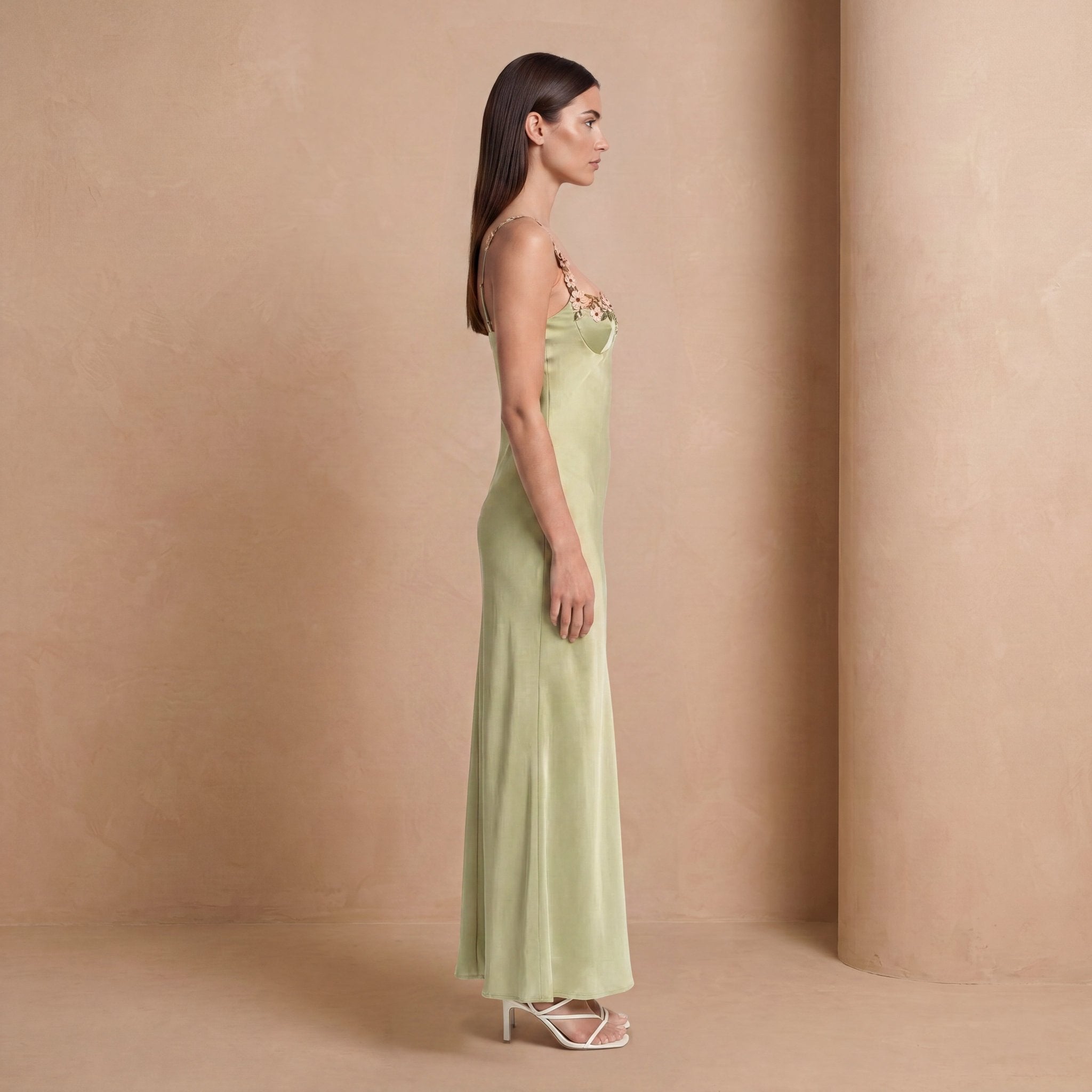 Sage Green Floral Appliqué Satin Slip Maxi Dress - Jack & Ivy