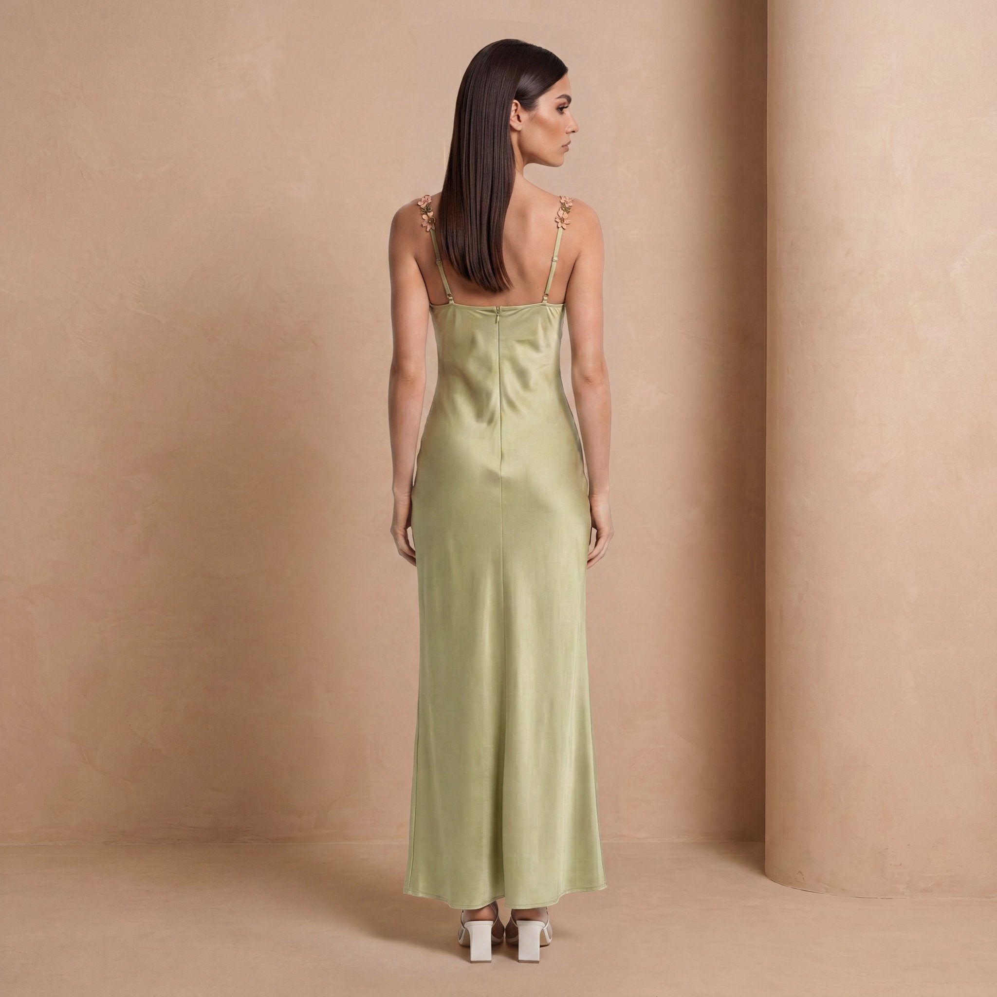 Sage Green Floral Appliqué Satin Slip Maxi Dress - Jack & Ivy