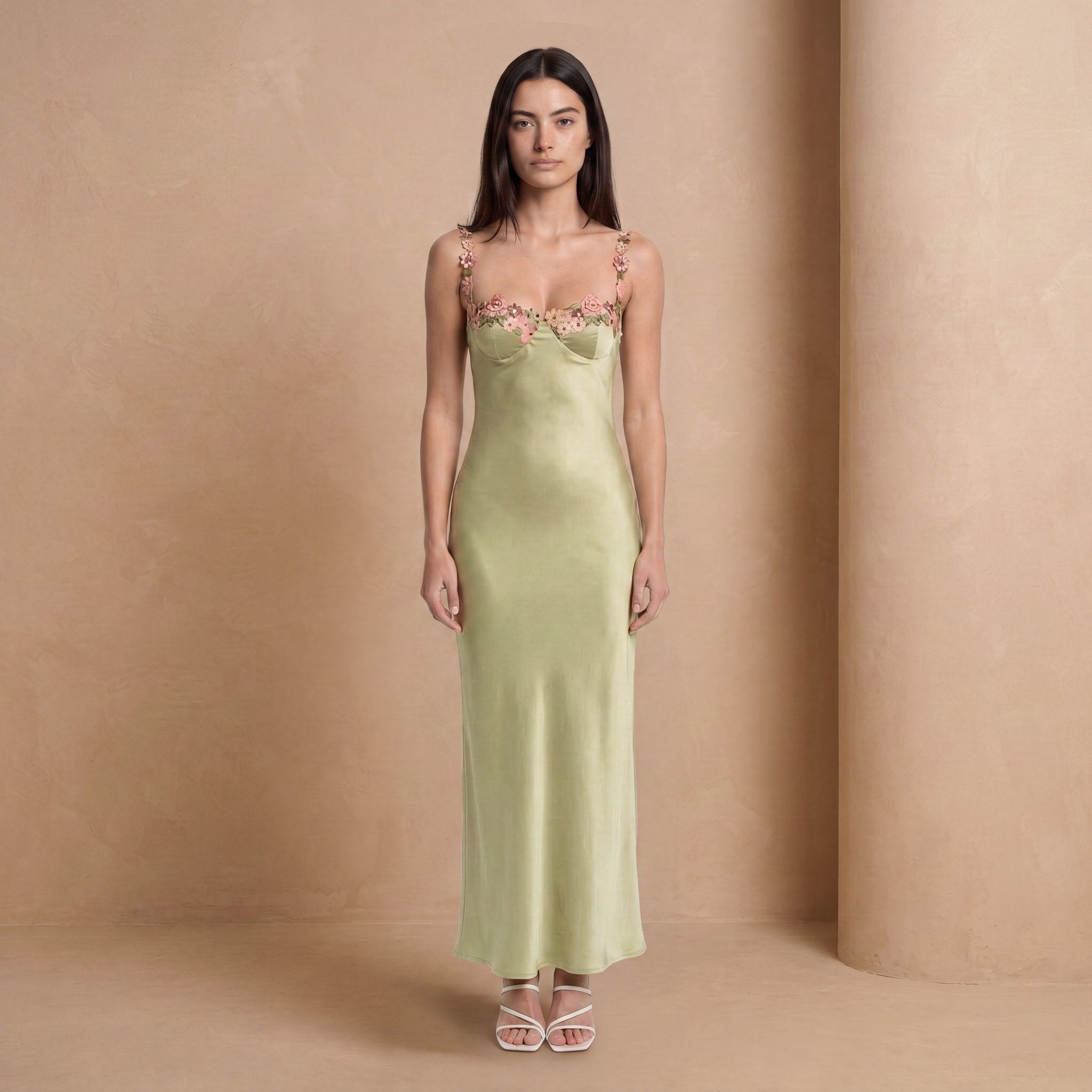 Sage Green Floral Appliqué Satin Slip Maxi Dress - Jack & Ivy