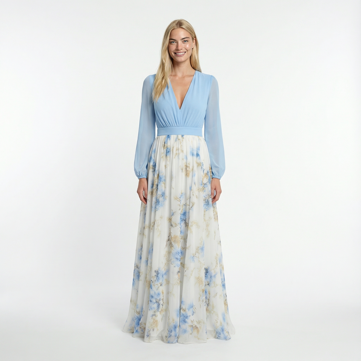 Blue White Gold Floral Maxi Dress Relaxed Fit, Round Neck, Summer Casual