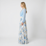 Blue White Gold Floral Maxi Dress Relaxed Fit, Round Neck, Summer Casual