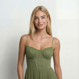 Pleated Fit and Flare Midi Dress Round Neck, Defined Waist, Elegant Womens