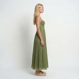 Pleated Fit and Flare Midi Dress Round Neck, Defined Waist, Elegant Womens