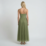 Pleated Fit and Flare Midi Dress Round Neck, Defined Waist, Elegant Womens