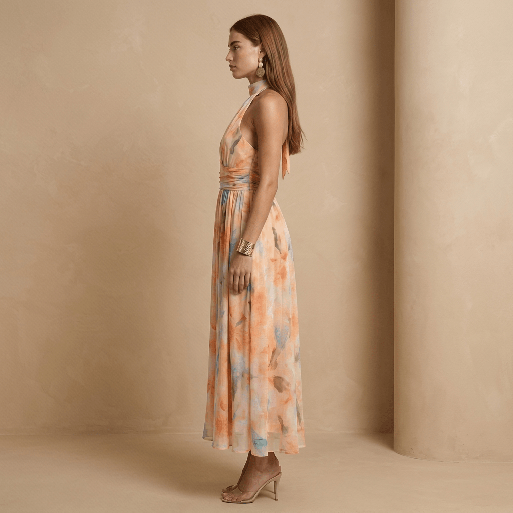 Apricot Watercolour Halter Neck Maxi Dress - Jack & Ivy
