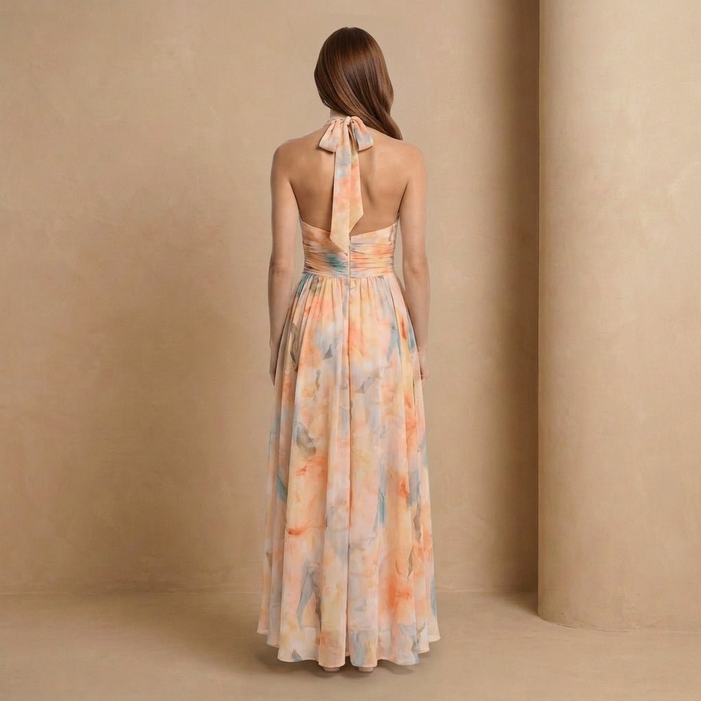 Apricot Watercolour Halter Neck Maxi Dress - Jack & Ivy