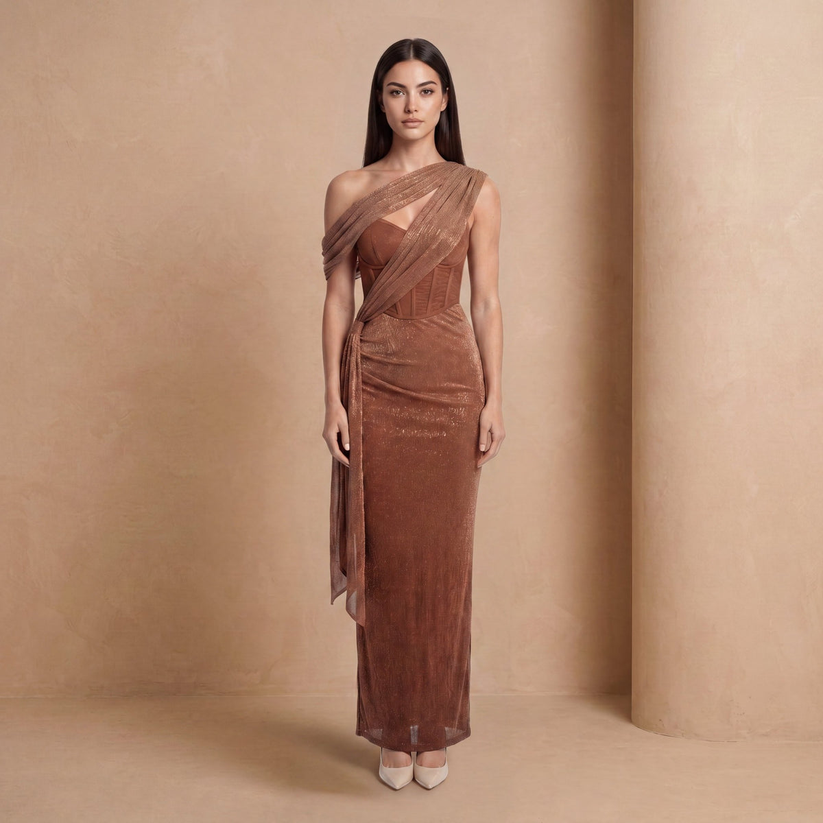 Bronze Shimmer One-Shoulder Corset Maxi Dress - Jack & Ivy
