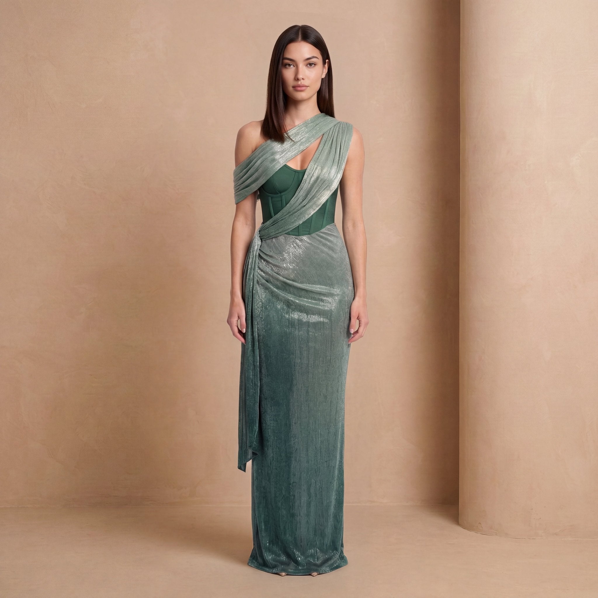 Bronze Shimmer One-Shoulder Corset Maxi Dress - Jack & Ivy