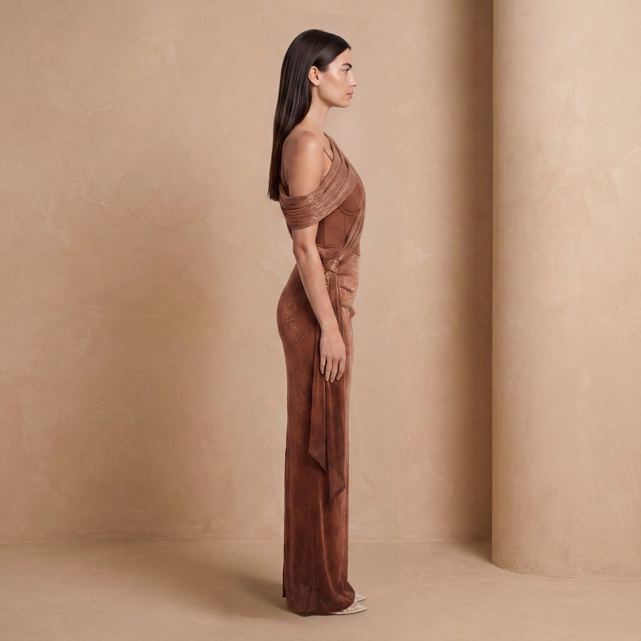 Bronze Shimmer One-Shoulder Corset Maxi Dress - Jack & Ivy