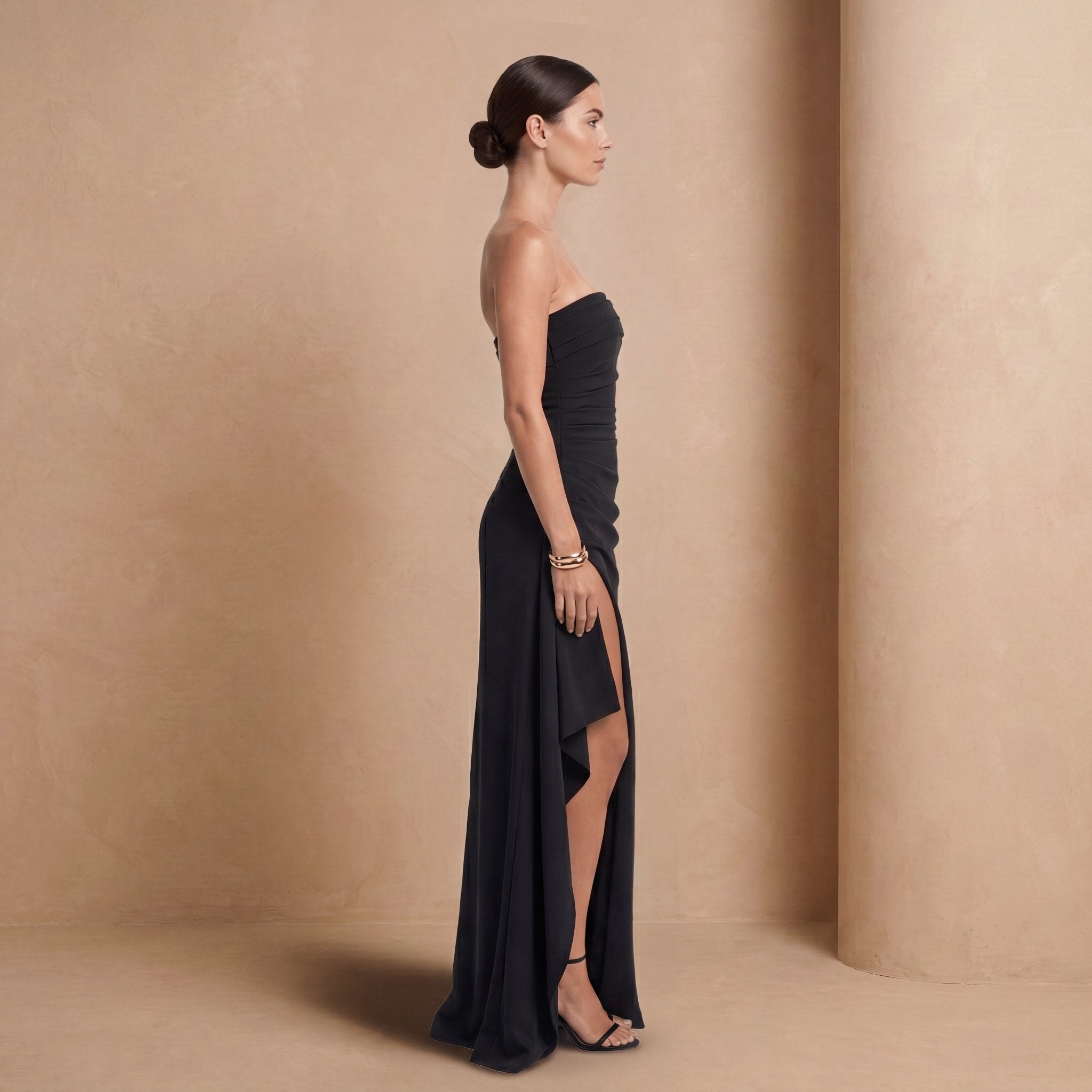 Navy Strapless Ruched Maxi Dress with Side Slit - Jack & Ivy