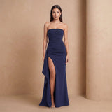 Navy Strapless Ruched Maxi Dress with Side Slit - Jack & Ivy