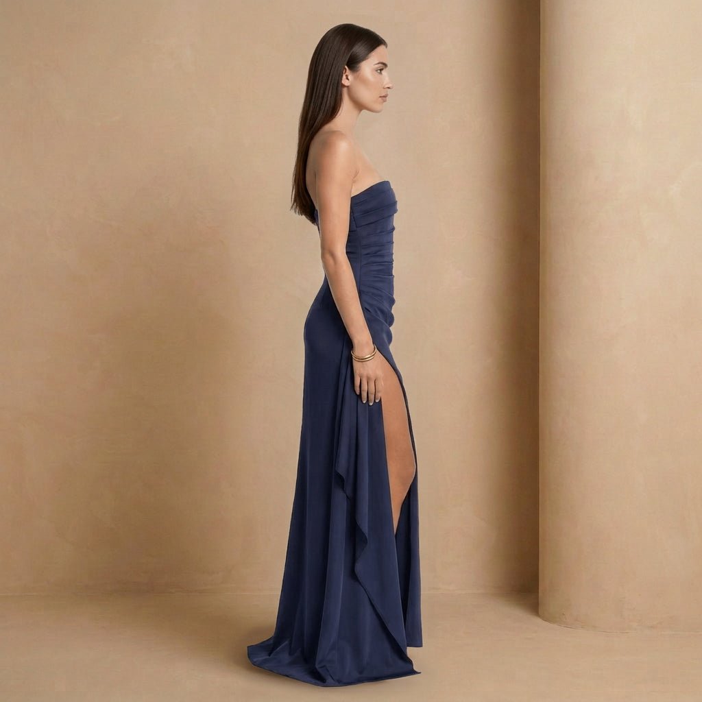 Navy Strapless Ruched Maxi Dress with Side Slit - Jack & Ivy