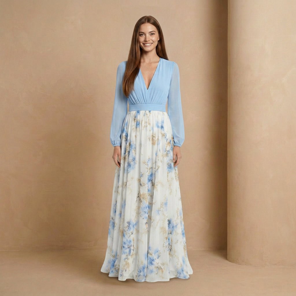 Powder Blue Long-Sleeve Floral Maxi Dress - Jack & Ivy