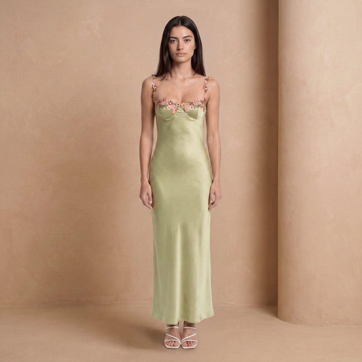 Sage Green Floral Appliqué Satin Slip Maxi Dress - Jack & Ivy