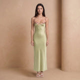 Sage Green Floral Appliqué Satin Slip Maxi Dress - Jack & Ivy