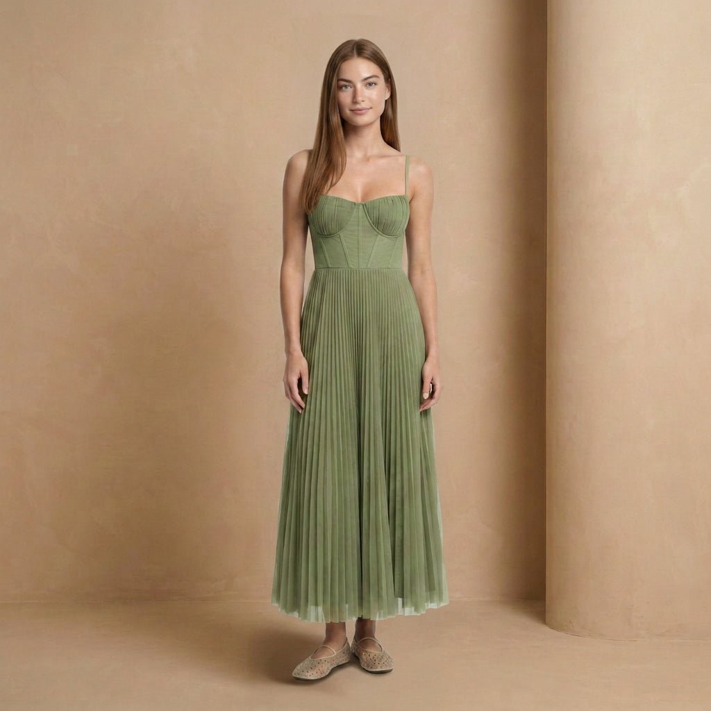 Sage Green Pleated Bustier Midi Dress - Jack & Ivy